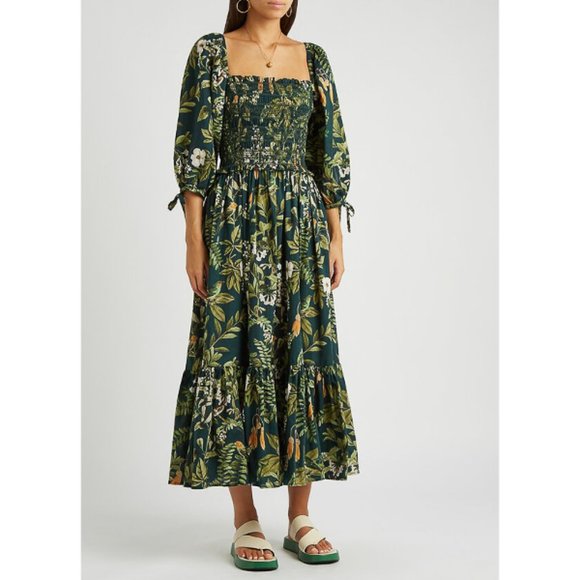 Cara Cara Dresses & Skirts - CARA CARA Jazzy Floral Print Smocked Puff Sleeve Midi Dress in Green